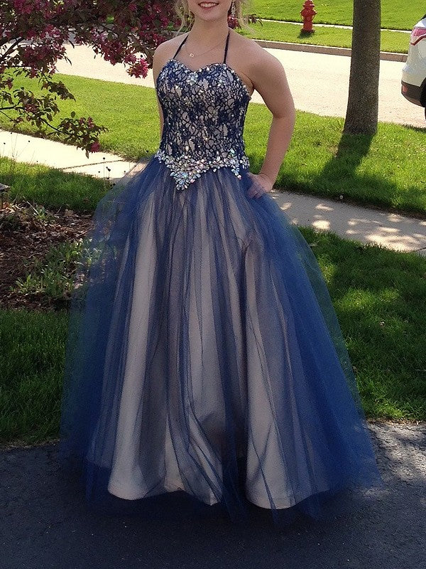 Ball Gown Sleeveless Spaghetti Straps Beading Floor-Length Tulle Prom Dresses