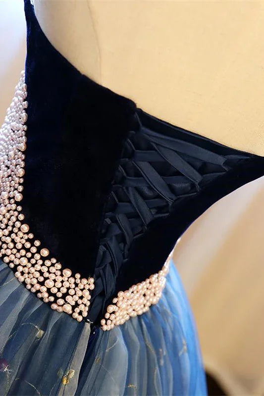 Ball Gown Strapless Embroidery Pearl Dark Blue Formal Prom Dresses