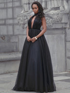 Ball Gown Tulle Ruffles V-neck Sleeveless Court Train Prom Dresses