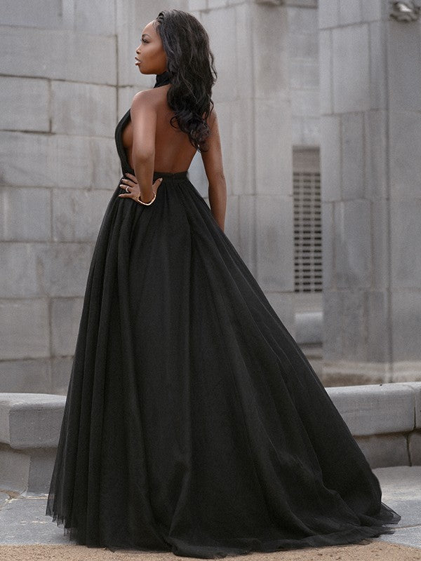 Ball Gown Tulle Ruffles V-neck Sleeveless Court Train Prom Dresses