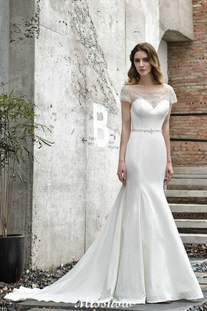 Bateau Short Sleeve Slim Mermaid Wedding Gown Satin Bridal Gown Sweep/Trump Train