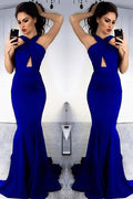 Regal Sapphire Halter Open Back Mermaid Long Prom Dress