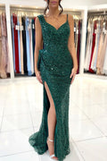 Spaghetti Strap Green Mermaid Long Prom Dress with Split Sequins