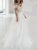 Beach Long A-Line Off the Shoulder Lace Tulle Wedding Dresses