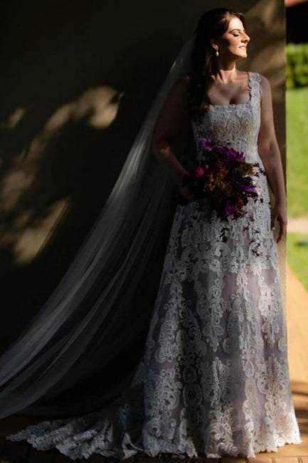 Beautiful A-Line Lace Square Sleeveless Ivory Long Wedding Dress With Appliques