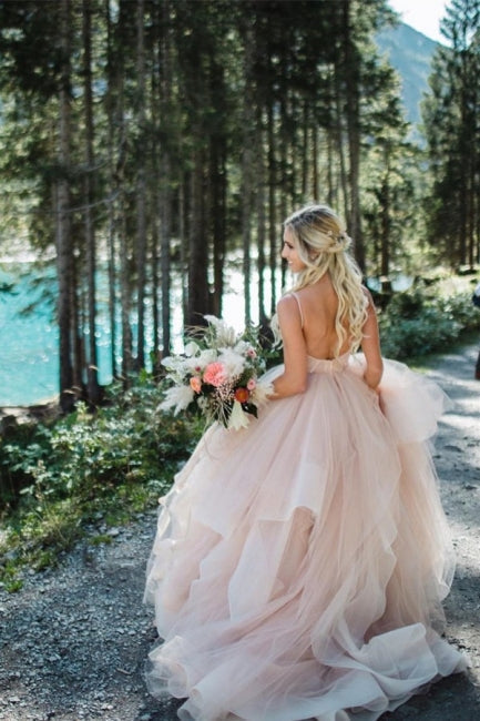 Beautiful A-line V-neck Backless Tulle Sleeveless Wedding Dresses