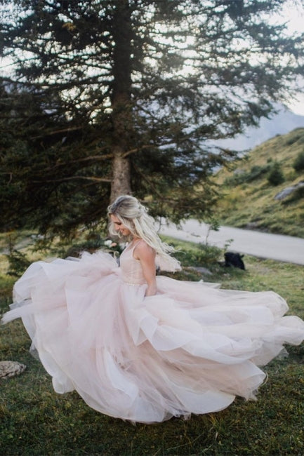 Beautiful A-line V-neck Backless Tulle Sleeveless Wedding Dresses