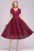 Beautiful A-Line V-Neck Short Sleeve Lace Short Bridesmaid Dresses