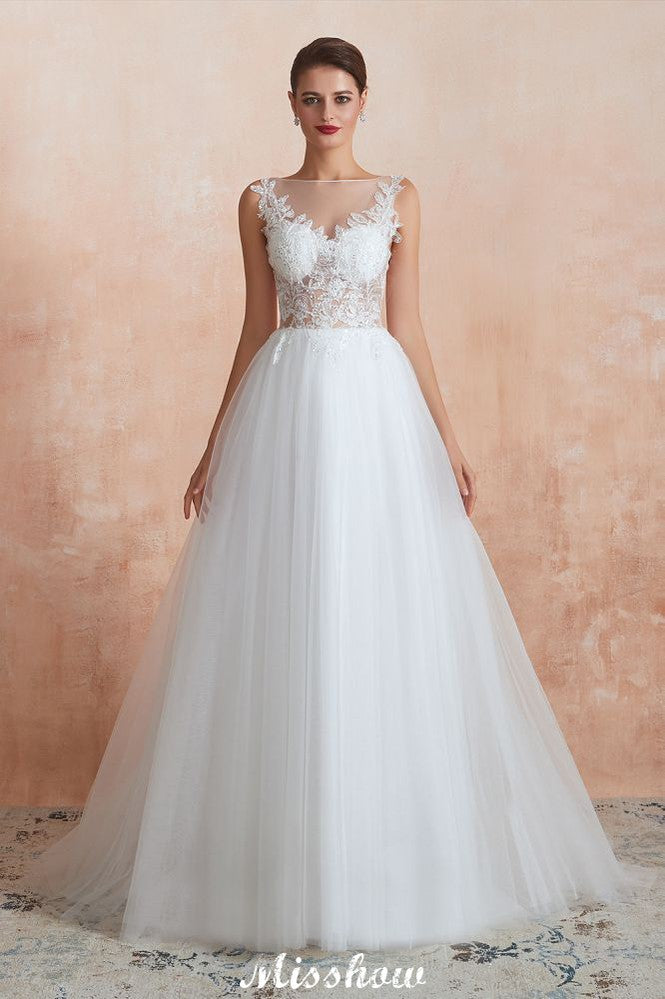 Beautiful Bateau Neck White Wedding Dress Sparkly Sequins Lace Bridal Gown