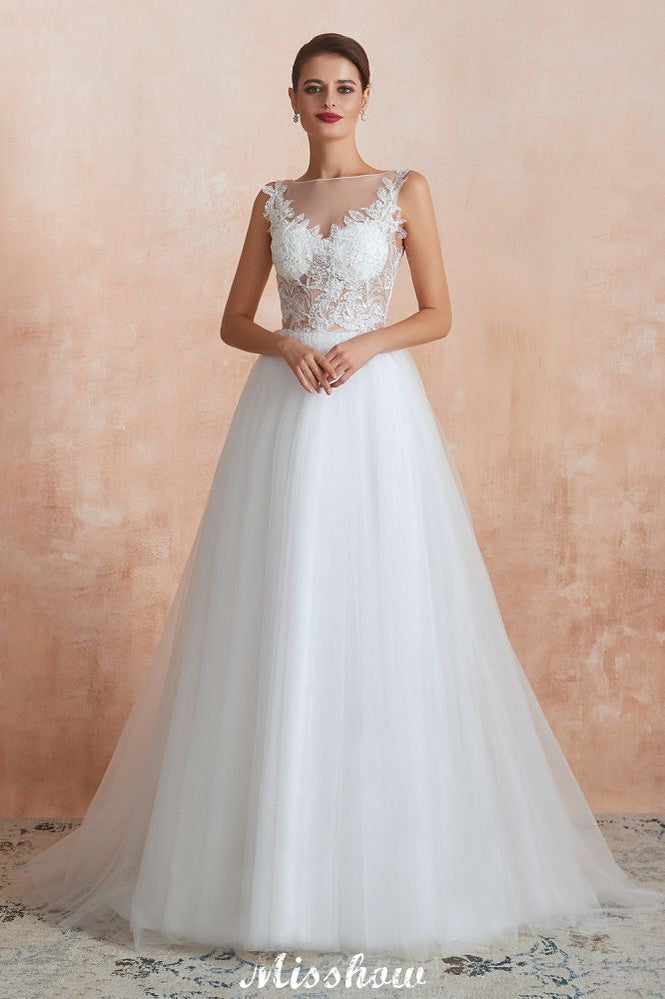 Beautiful Bateau Neck White Wedding Dress Sparkly Sequins Lace Bridal Gown