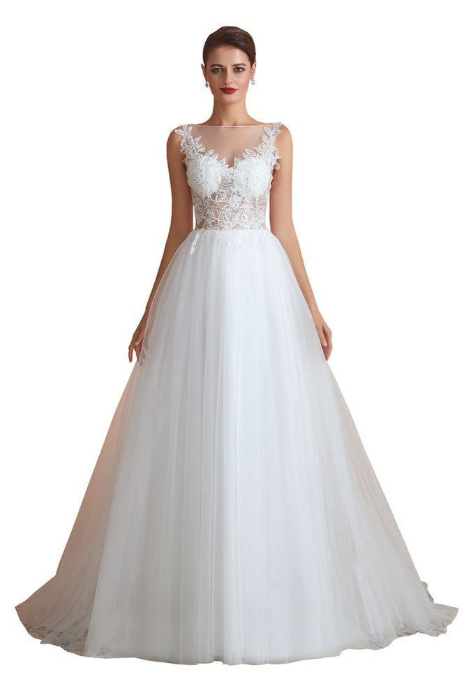Beautiful Bateau Neck White Wedding Dress Sparkly Sequins Lace Bridal Gown