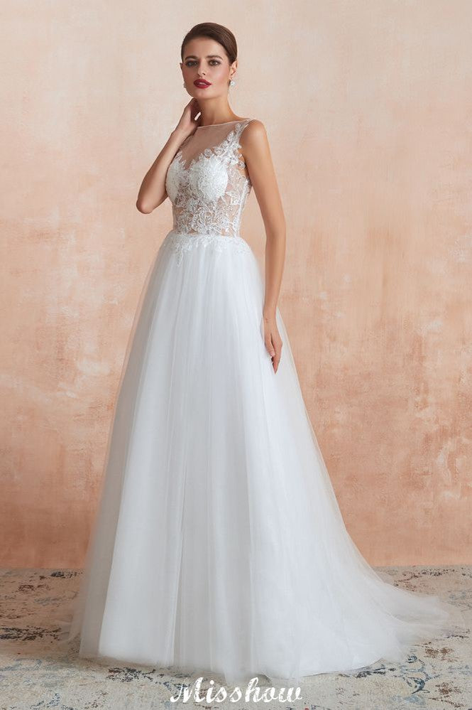 Beautiful Bateau Neck White Wedding Dress Sparkly Sequins Lace Bridal Gown