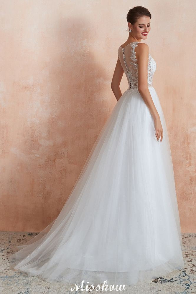 Beautiful Bateau Neck White Wedding Dress Sparkly Sequins Lace Bridal Gown