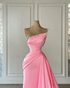 Beautiful Column Satin Strapless Sleeveless Pink Prom Dress With Rhinestone