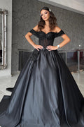 Beautiful Floor Length Sweetheart Off-The-Shoulder A-Line Satin Black Prom Dress with Beads
