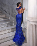 Beautiful Floor Length Sweetheart Sleeveless Spaghetti Straps Mermaid Sequined Prom Dress with Fur