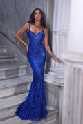 Beautiful Floor Length Sweetheart Sleeveless Spaghetti Straps Mermaid Sequined Prom Dress with Fur