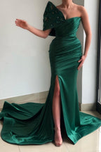 Beautiful Green Strapless Sleeveless Mermaid Floor-Length Satin Prom Dresses with Ruffles