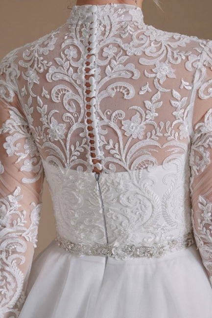 Beautiful Jewel Long-Sleeve A-Line Floor-Length Wedding Dresses with Pattern