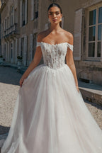 Beautiful Long A-line Off-the-shoulder Appliques Tulle Wedding Dress