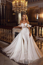 Beautiful Long A-line Off-the-shoulder Sweetheart Appliques Lace Satin Wedding Dress
