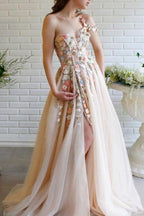 Beautiful Long A-line One Shoulder Flowers Evening Dresses With Slit