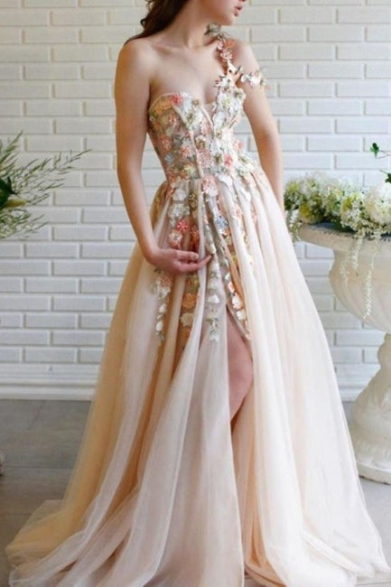 Beautiful Long A-line One Shoulder Flowers Evening Dresses With Slit