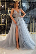 Beautiful Long A-line V-neck Glitter Beading Evening Dresses With Slit