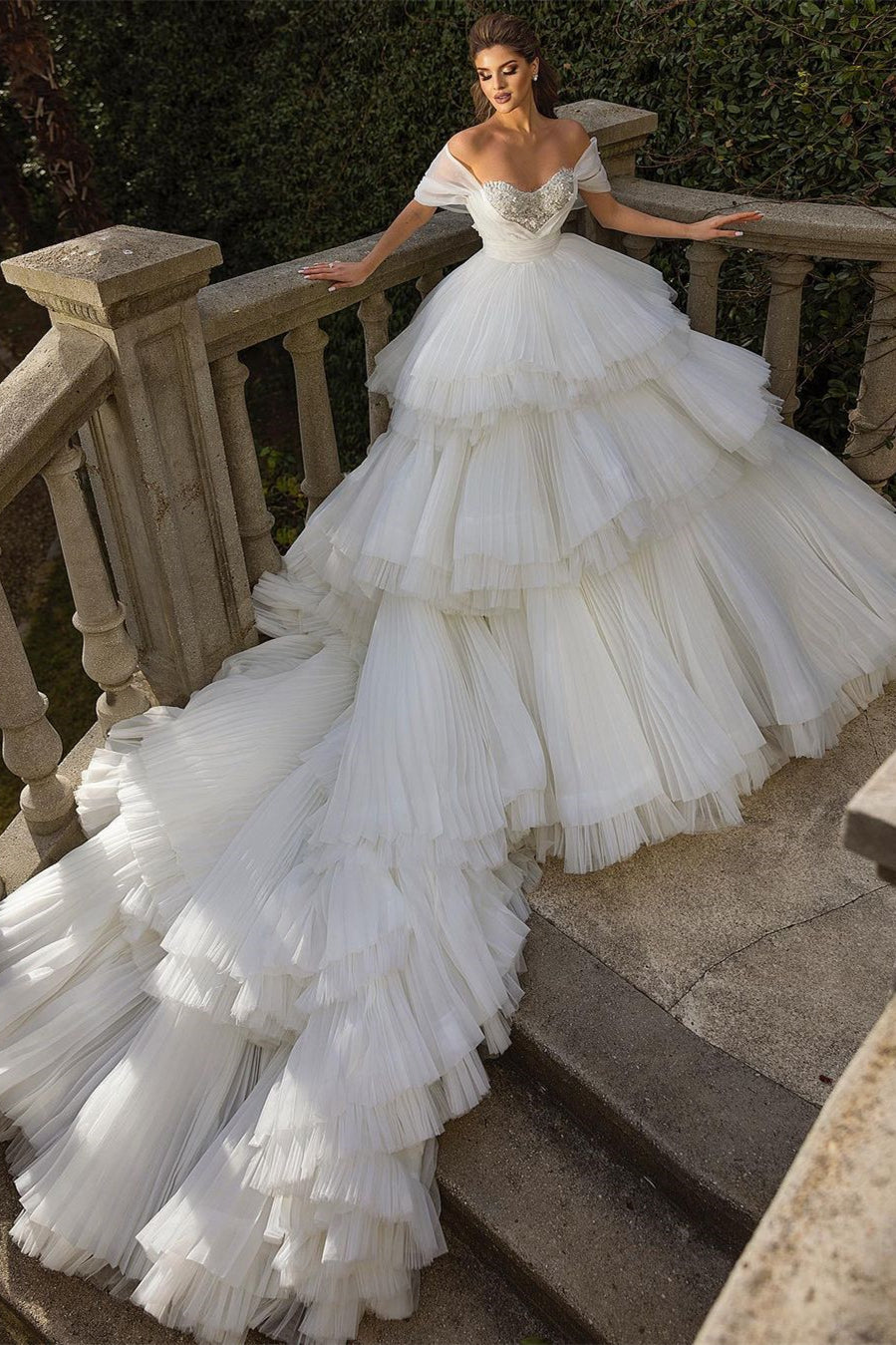 Beautiful Long Ball Gown Ruched Portrait  Cathedral Wedding Dresses With Beading