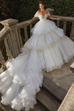 Beautiful Long Ball Gown Ruched Portrait  Cathedral Wedding Dresses With Beading