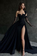 Beautiful Long Black A-line One Shoulder Sleeveless Lace Prom Dress With Sit