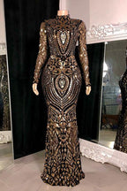 Beautiful Long Mermaid High Neck Lace Long Sleeves Prom Dress