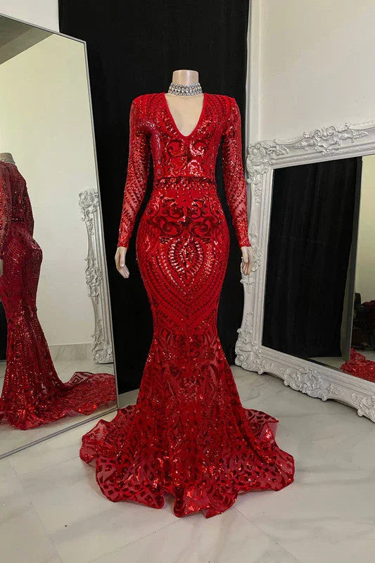 Beautiful Long Mermaid V-neck Prom Dress With Long Sleeves