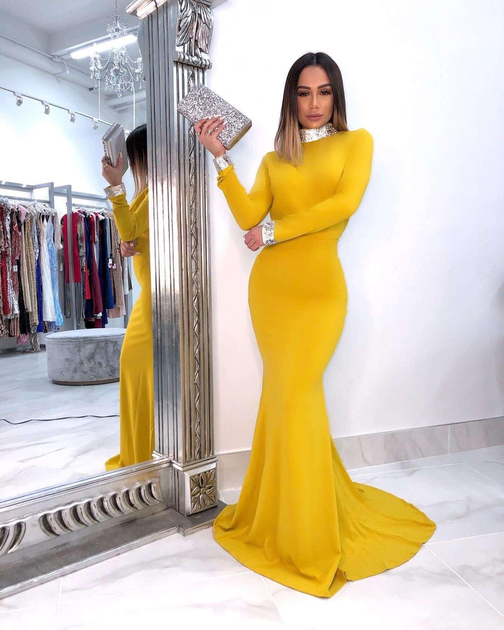 Beautiful Long Sleeves Backless High Neck Mermaid Prom Dress