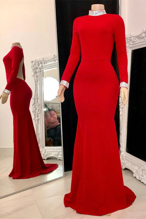 Beautiful Long Sleeves Backless High Neck Mermaid Prom Dress