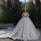 Beautiful Off-the-shoulder A-line White Lace Beading Wedding Dress With Long Sleeves