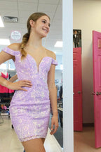 Beautiful Off-the-shoulder Lilac V-neck Homecoming Dress With Lace