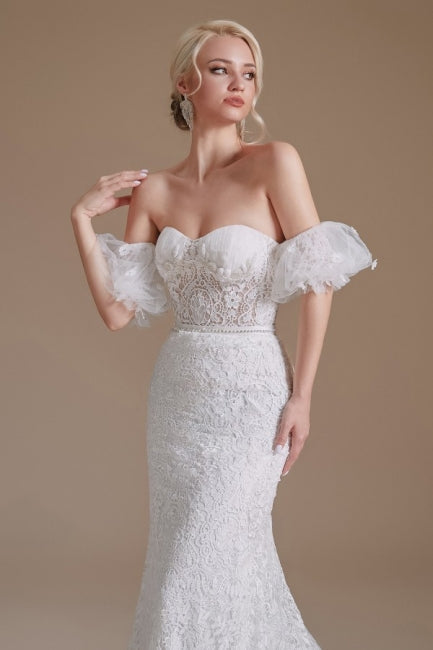 Beautiful Off-the-shoulder Sleeveless Mermaid Floor-Length Lace Wedding Dresses with Applique