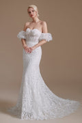 Beautiful Off-the-shoulder Sleeveless Mermaid Floor-Length Lace Wedding Dresses with Applique