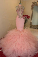 Beautiful Pink Lace High Neck Sleeveless Floor-length Mermaid Prom Dresses