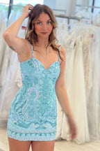 Beautiful Spaghetti Straps Backless Sleeveless Homecoming Dress With Lace