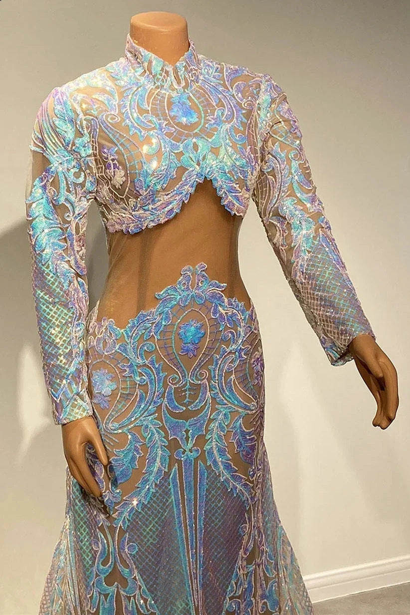 Beautiful Two Piece High-neck Long Sleeve Floor-length A-Line Prom Dresses