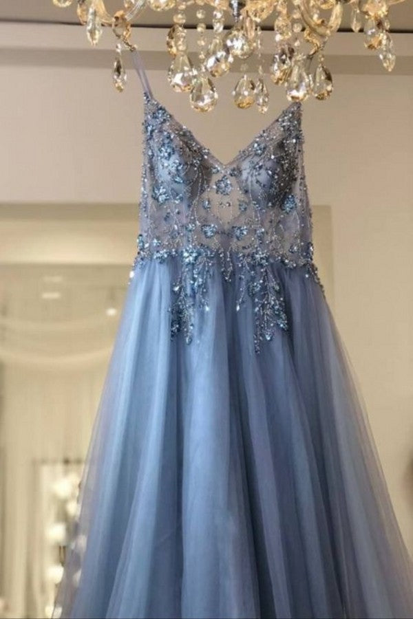Best Long A-line V-neck Sleeveless Tulle Prom Dress with Slit