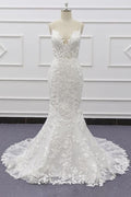 Best Long Mermaid Spaghetti Strap Appliques Lace Wedding Dress