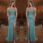 Long Mermaid Off the Shoulder Tulle Beads Sequins Prom Dresses with Slit