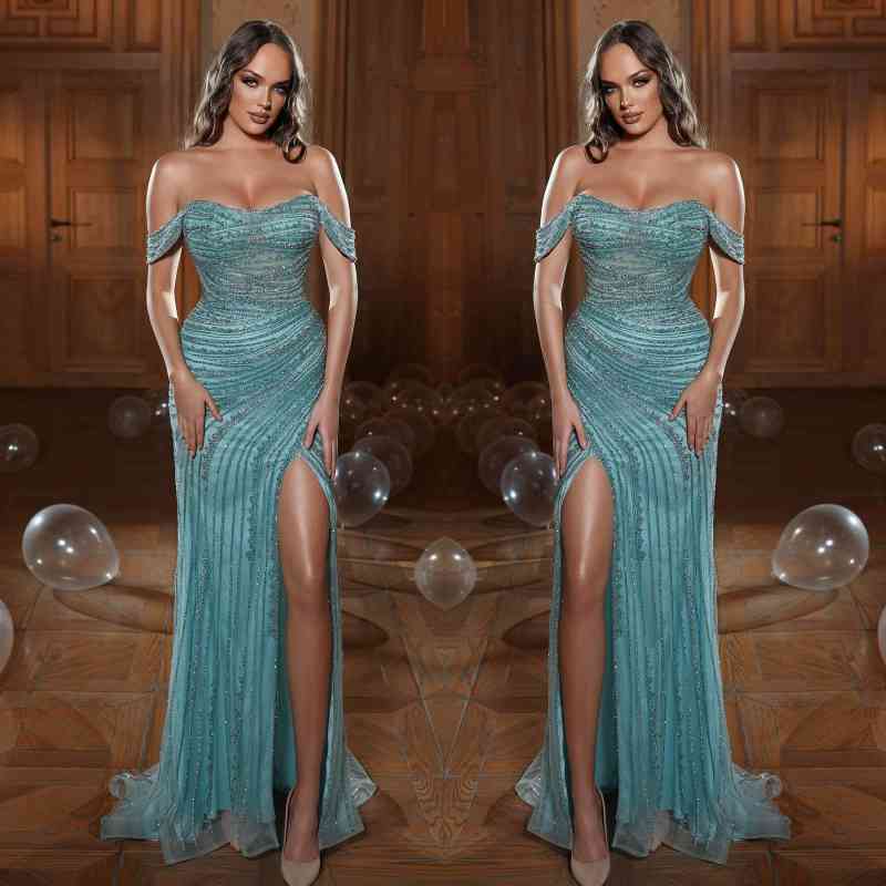 Long Mermaid Off the Shoulder Tulle Beads Sequins Prom Dresses with Slit