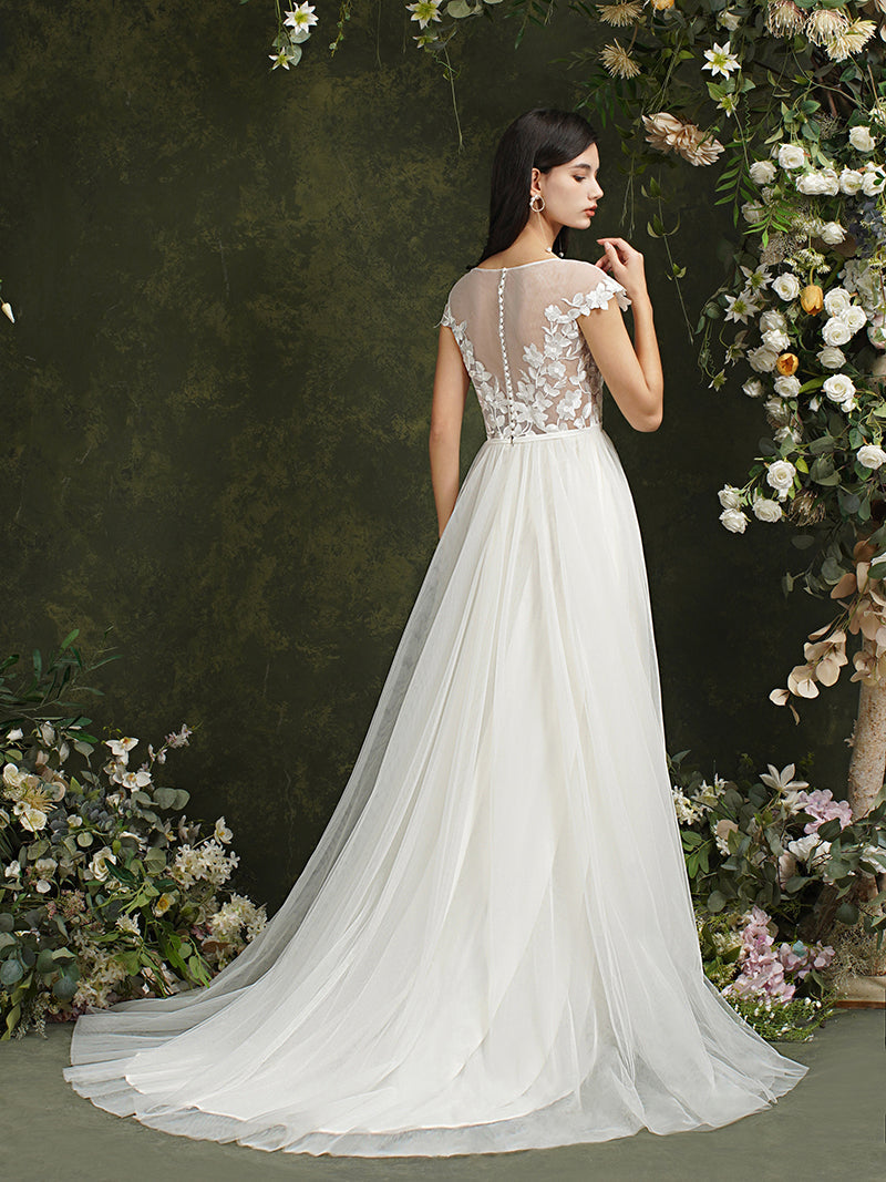 Biztunnel Long A-line Sweetheart Chiffon Lace Wedding Dresses with slit