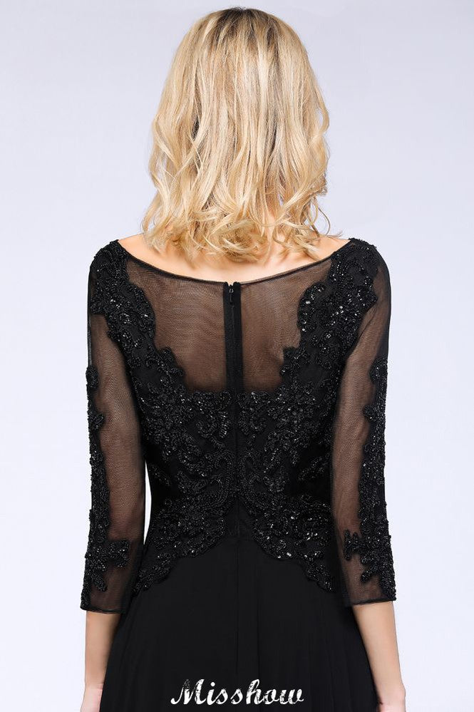 Black 3/4 Sleeves Beads A-Line Appliques Bridesmaid Dresses Tulle Party Dress