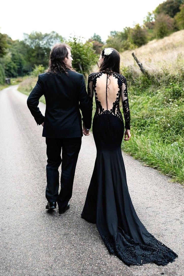 Black Long Sleeves Mermaid Wedding Dress with Sweep Train