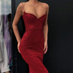 Black Sheath Spaghetti Straps Open Back Sequins Prom Dresses